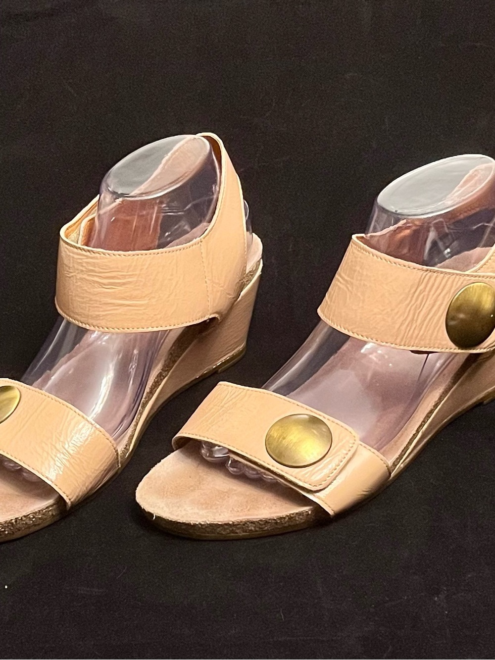 Taos Footwear Nude/Tan Wedge Sandals with Brass Button Accent